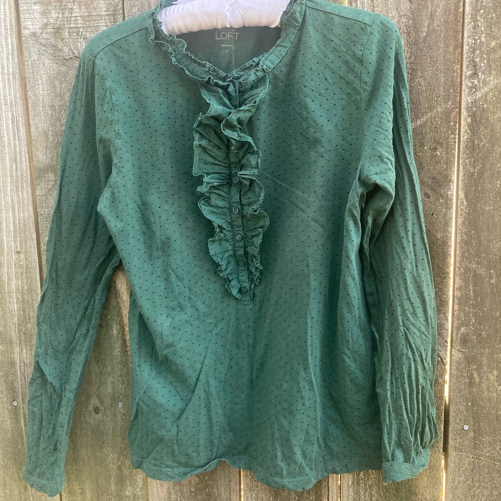 Loft cotton green and black ruffle shirt
